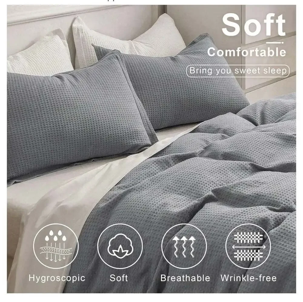 Madeluo Waffle Weave QUEEN Duvet cover set. Grey solid textured ships fast